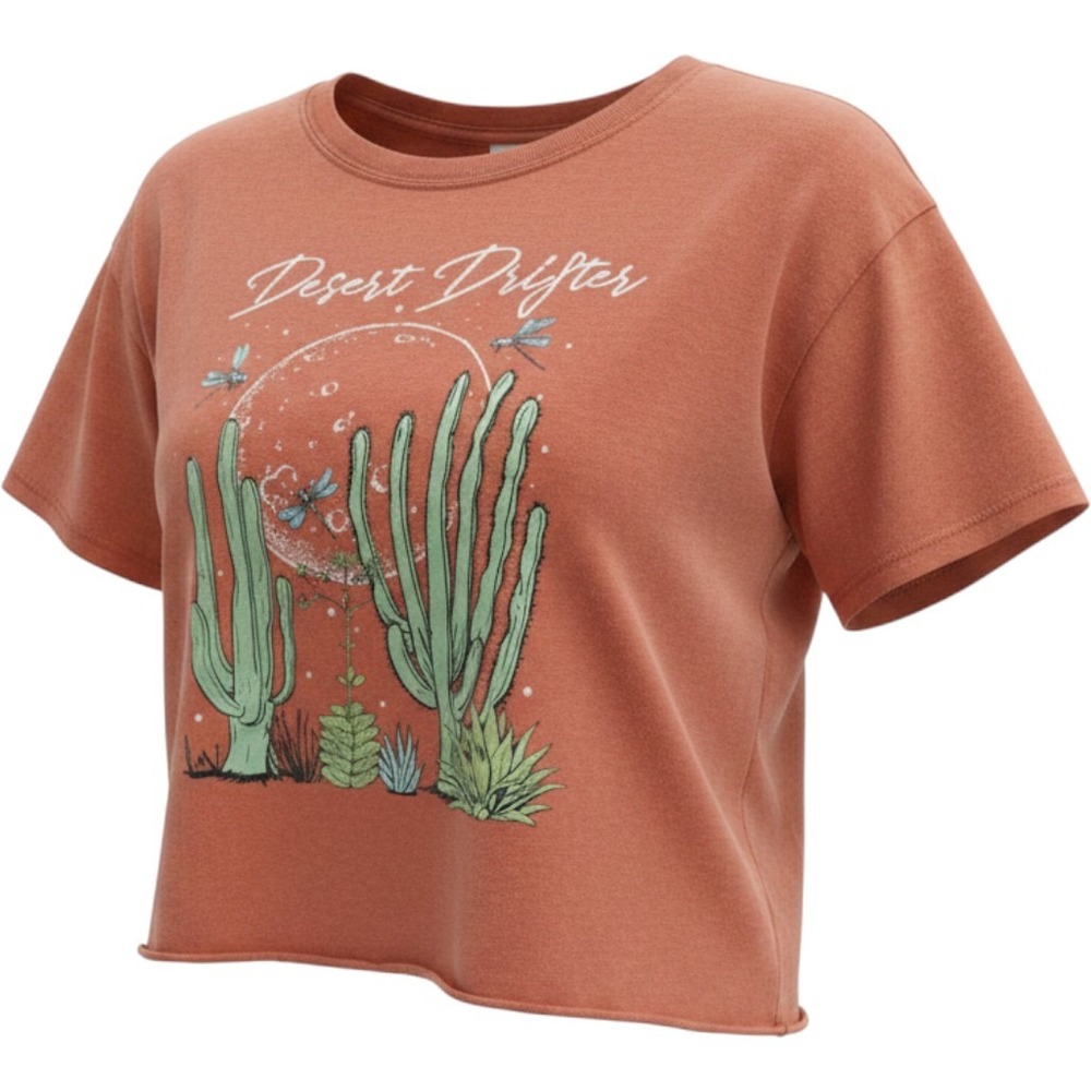 Cold Crush Desert Drifter Graphic Crop Top Terracotta Orange‎ Cacti Tee Womens S